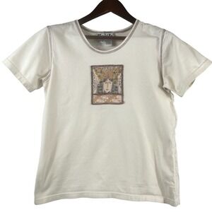 Womens S Beige Beaded Embroidered Folk Art Goddess Face Patch Boho Cotton TShirt